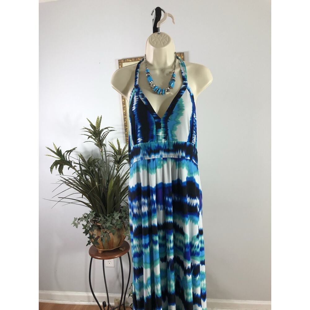 Iman Women LG Maxi Dress Halter Artsy Boho Geometric Pullover Elastic Back - Picture 2 of 12